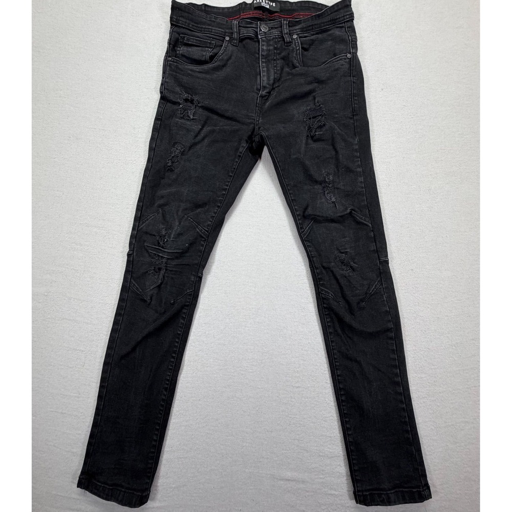 Arketype Jeans Men 32/30 Good Black Distressed Ripped Skinny‎ Moto Denim Pants